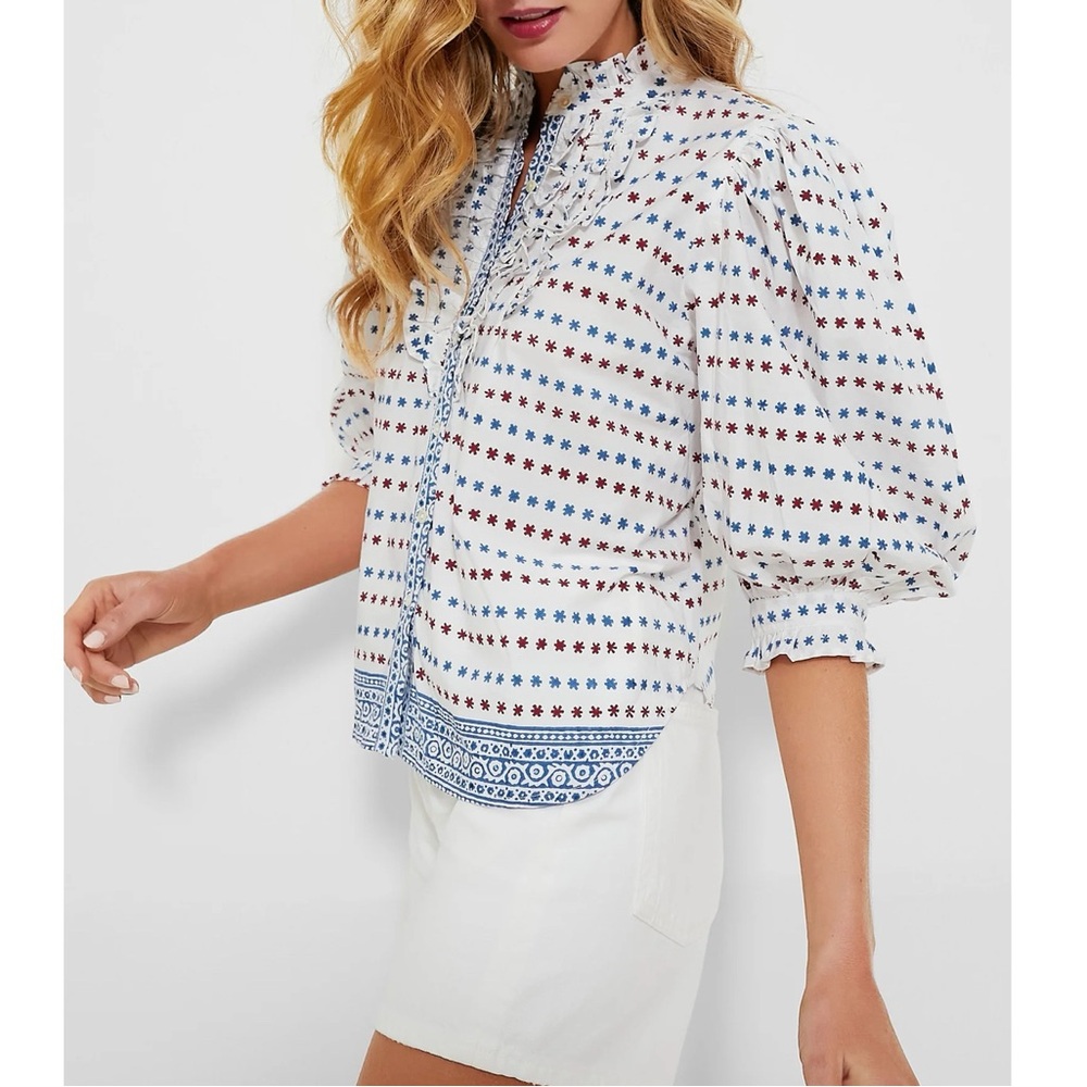 OLIPHANT Ellis Blue Ruffle Front Button Blouse - Picture 3 of 12